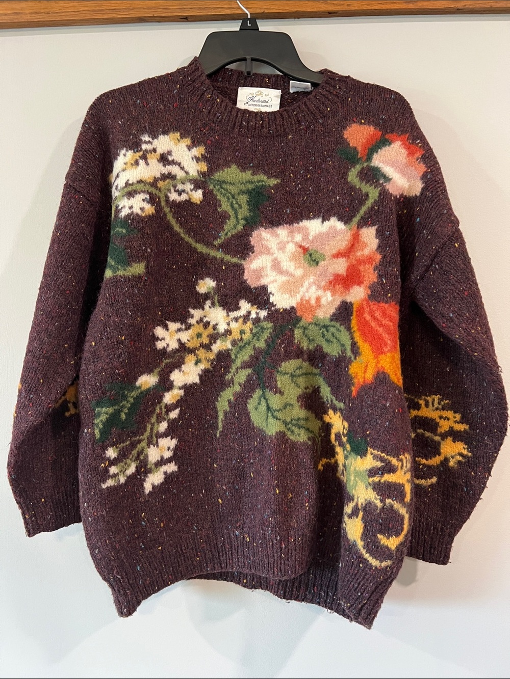 Vintage Express - M, Maroon Wool, Floral Crewneck Sweater